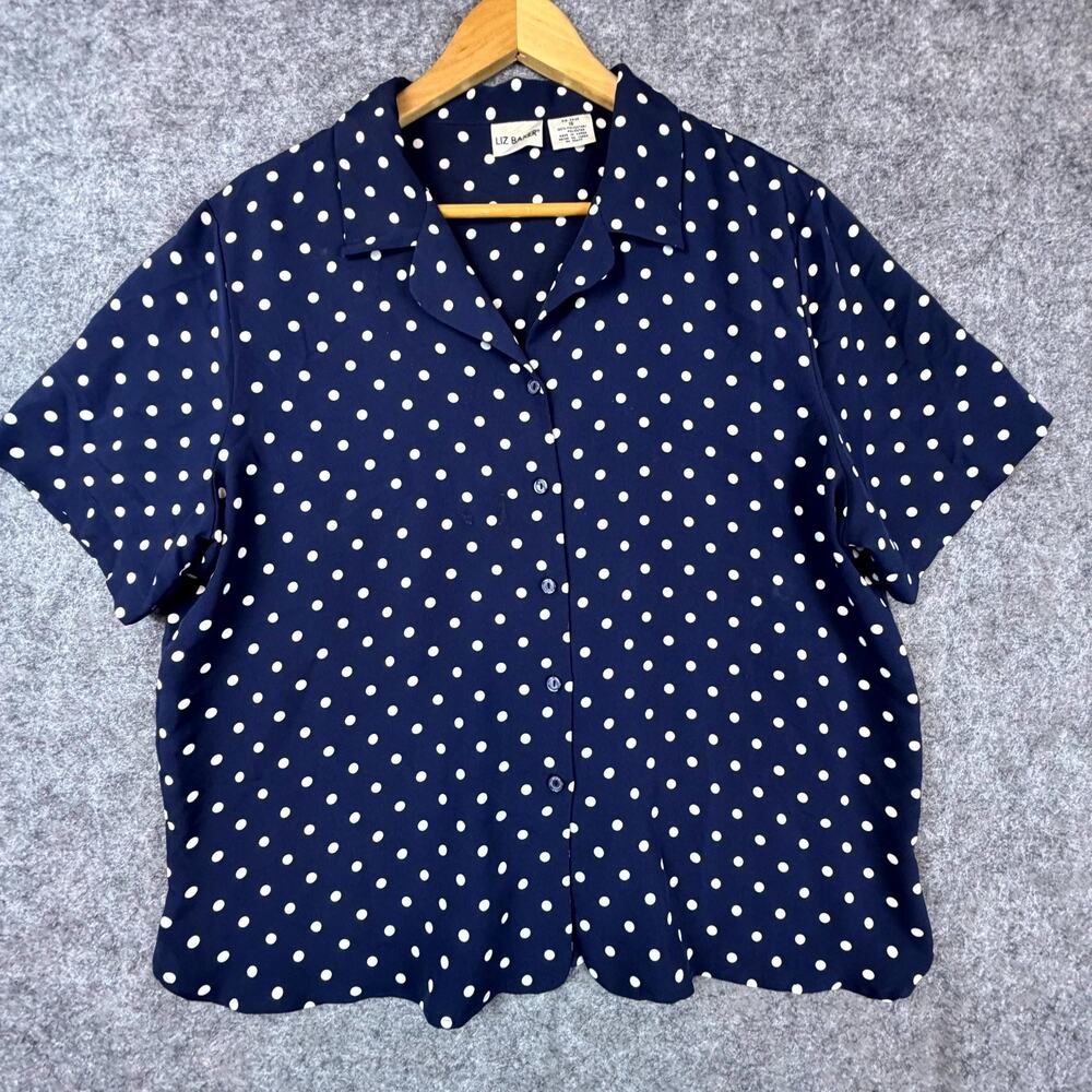 Vintage Liz Baker Blouse Top Womens 16 Navy Blue White Preppy Mod Retro Fun